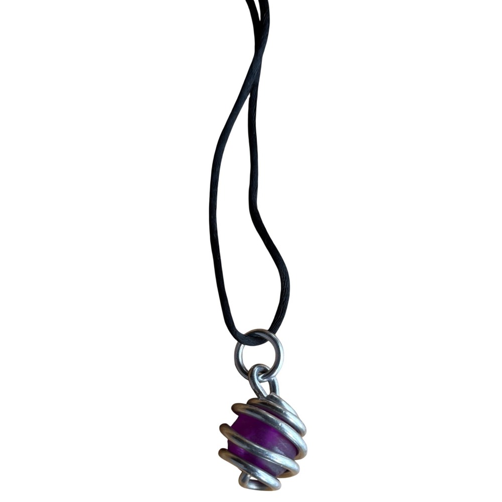 Purple Stone Wire Wrapped Spiral Cage Pendant Black Cord Necklace Boho Layering